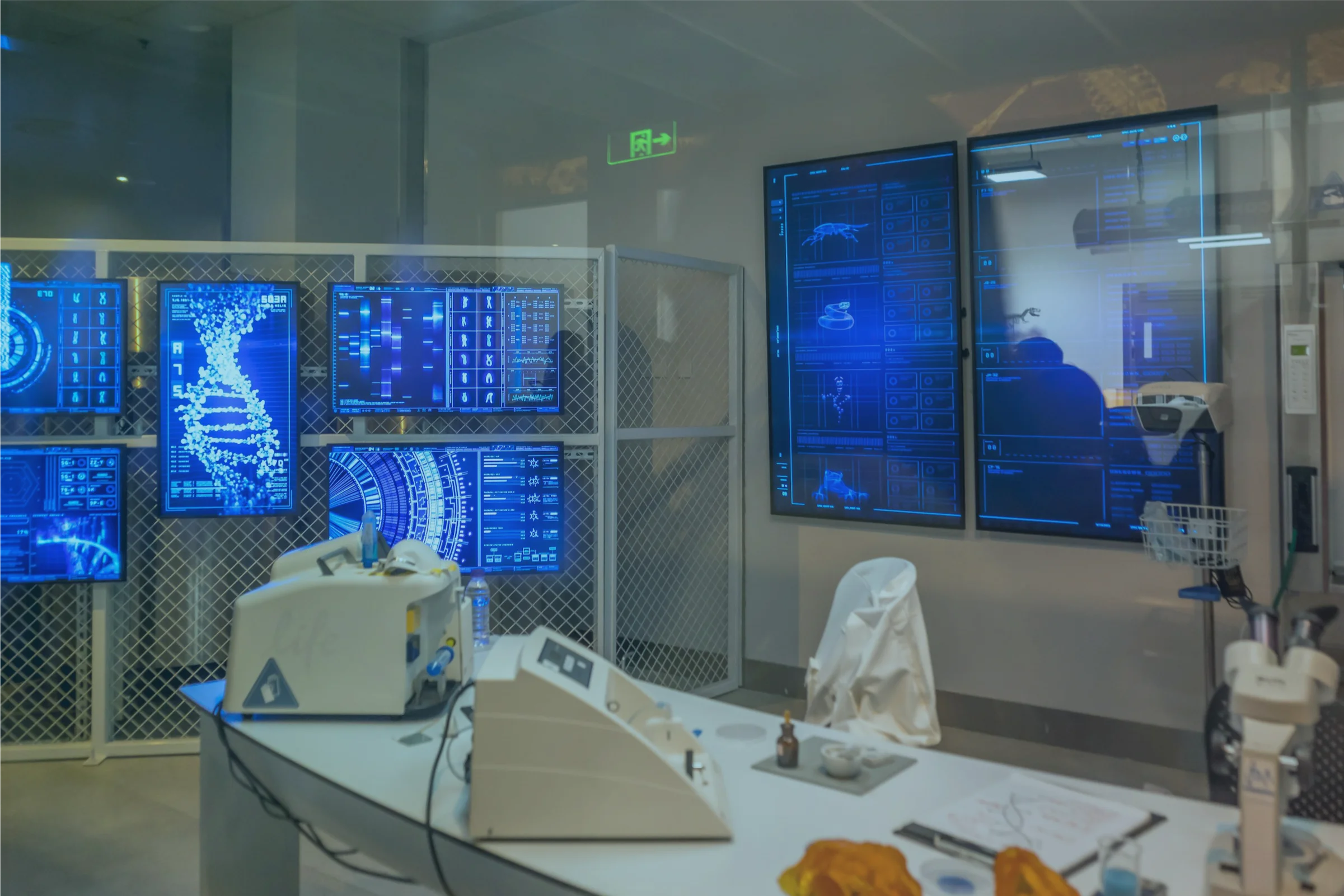 Medical laboratory with patient and diagnostic monitoring screens — healthcare data monitoring with S2RE