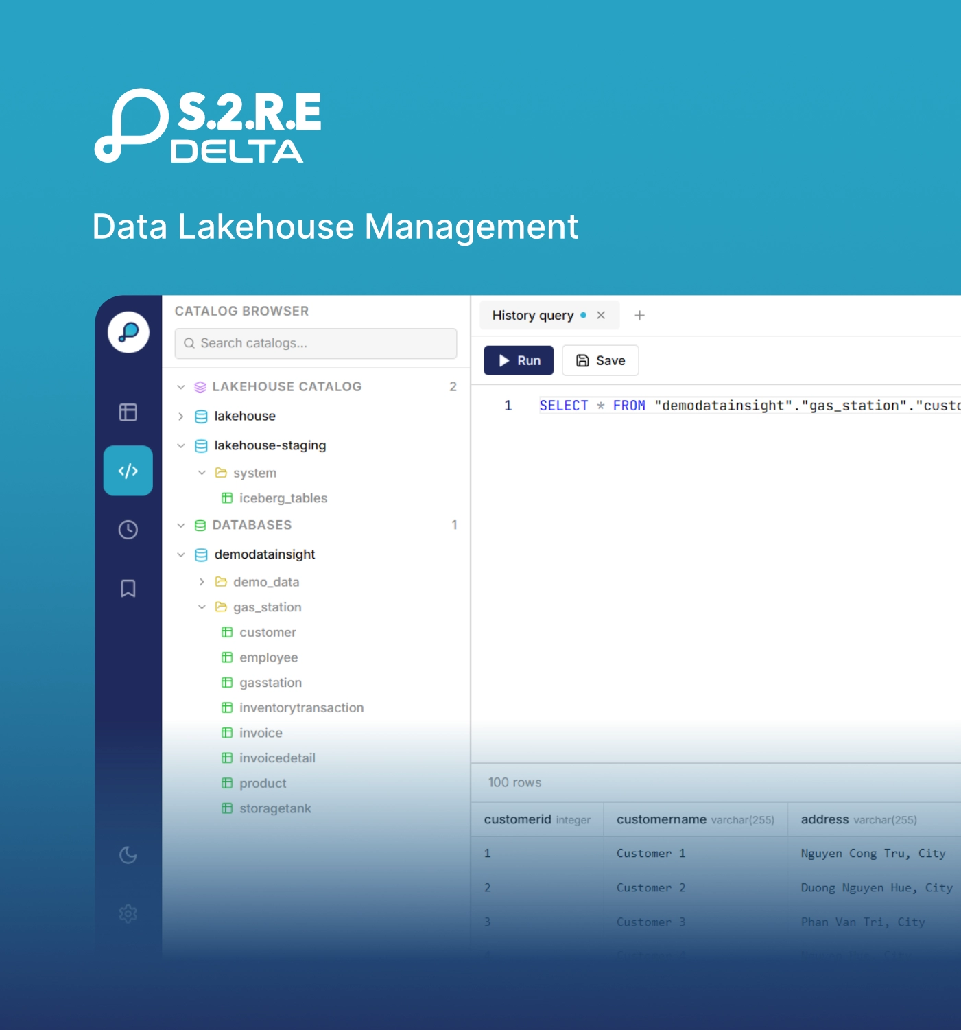 S2RE Delta workspace — SQL query editor and catalog browser of the enterprise data lakehouse